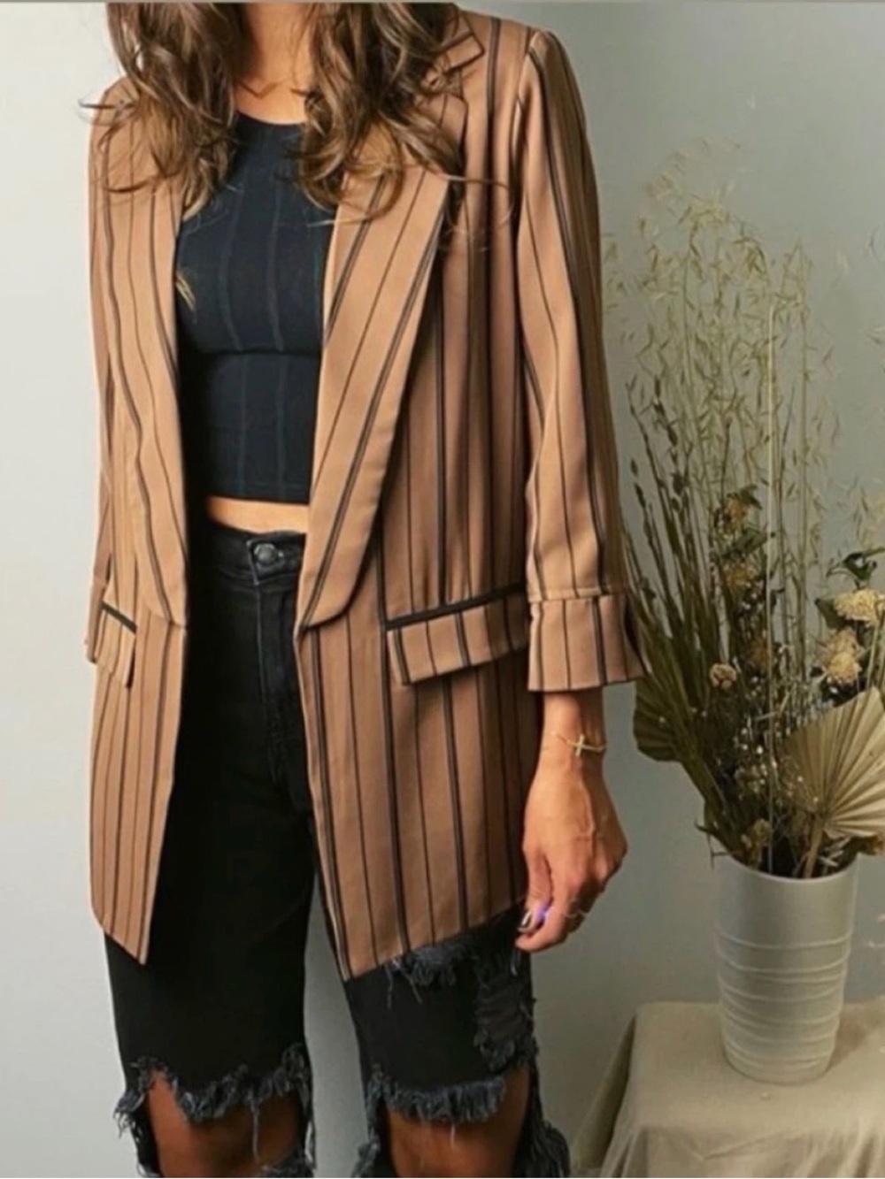 Striped Tan Women's Blazer Jacket